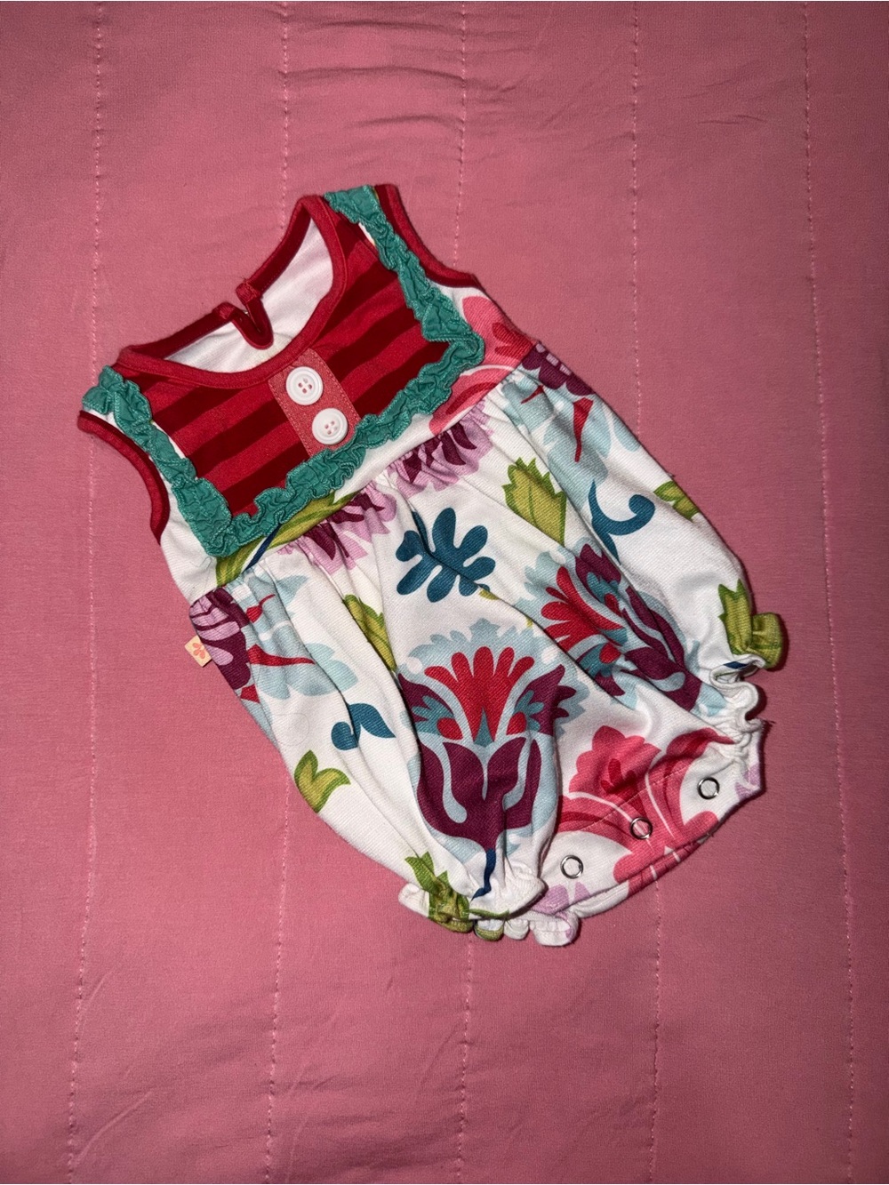 Persnickety White Floral Romper with Pink & Teal Trim